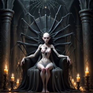 In the grand hall of a medieval castle, the bewitching spider woman perches upon her throne, her extrem émo pale skin radiating an otherworldly glow. Hairless and unsettling, her glowing multi-eyes seem to pierce through the darkness, casting an eerie light on the intricate spider webs that adorn the walls. Amidst the flickering candles' soft illumination, she sits serenely, exuding an aura of beauty and seduction that is at once captivating and frightening.