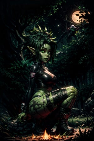 curvy goblin female ,curvy, chubby, sexy, green skin, green eyes, (((punk black hair))),earrings, site view ,background dark forest. campfire. Moon light. (((crouching)))