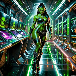  A futuristic spaceship's dimly lit corridor serves as the backdrop for an otherworldly beauty. masterpiece. Sexy, beautiful, very pretty, female orc, sporting vibrant green skin and clad in a provocative leather ensemble, strikes a sultry pose ,sexy posing. ((((spread legs)))).,amidst rows of humming computers. The eerie glow of console screens casts an ethereal ambiance, accentuating the orc's toned physique as they confidently lean against a metallic console, their piercing gaze beckoning viewers to enter this extraterrestrial realm. 