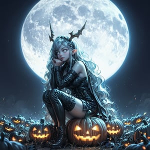  score_9, score_6_up, score_5_up,Very detailed, perfect image. Masterpiece of a pointy-eared (((witch with pale white skin))), with glowy eyes, in a black tight leather skirt sits on a giant luminous pumpkin. Full moon. Mist. Magical atmosphere.
