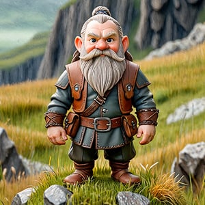 small dwarf inspired by the universe of J. R. R. Tolkien, dressed in leather clothing, in a landscape of grass and minerals. full beard. hair in two braids. full body.