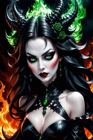  Fiery inferno illuminates a desolate landscape, as a sultry demoness rises from the depths of hell, her piercing green eyes gleaming with malevolent intent. Her porcelain skin glistens with sweat, as she poses provocatively, her crimson lips curled into a wicked grin. Flames lick at her dark locks, casting flickering shadows on her demonic visage. The air is heavy with brimstone and smoke, as hell's fiery depths seem to writhe beneath her feet.
