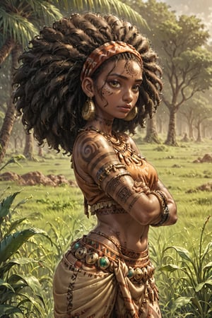  score_9, score_6_up, score_5_up,Very detailed, perfect image. masterpiece. A masterpiece of a scene depicting a sexy curvy ((San African woman))), afro hair, with ((((tribal tattoos)))), (((san clothes)))0. the scene takes place in south africa savanna. African savannah in the background