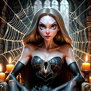 in a world of wonder and fantasy, a bewitching, sensual and sexy spider woman((((extrem émo pale skin))). lack hair. glowing multi-eyes. sits on her throne. as beautiful as she is seductive. spider web. frightening. magical. candles. médieval castle