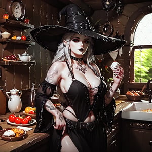 score_9, score_6_up, score_5_up,High detailed,picture-perfect.masterpiece of a scene depicting a gothic sexy curvy goddess monster queen woman, (((witch hat))),with ((((tribal tattoos)))), pointed ears, claws (((sexy medieval clothes))), inspired by Nordic folklore and Norse mythology cooking meal in a medieval kitchen. ((((emo pale white porcelain skin. )))), the scen takes place in a wooden house.