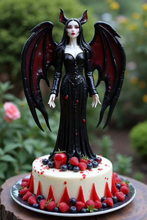  score_9, score_6_up, score_5_up,Very detailed, perfect image. masterpiece of magnificent female vampire made of jelly. bat wings. ((((jelly scene))). Set on a creamy cake. the scene takes place in a garden.