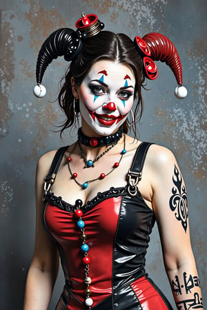  ((masterpiece, best quality)), harley quinn , (((punk Harlequin gothic clown))), ((((sharp teeth)))). ((( red clown nose))), ((((sexy Harlequin costume)))), curvy body, detailed face, extrem pale skin body .