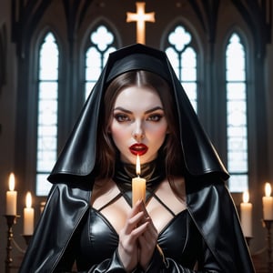 a beautiful, sexy vampire with brown hair and (((extremely pale skin))), dressed in a leather nun's habit, is praying. Her half-open mouth reveals her vampire fangs. Her lips are black. The scene takes place in a Gothic church. Lighting is provided by candles. 