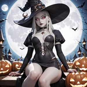  score_9, score_6_up, score_5_up,Very detailed, perfect image. Masterpiece of a pointy-eared (((witch with pale white skin))), witch hat, with glowy eyes, in a black tight leather skirt sits on a giant luminous pumpkin. Full moon. Mist. Magical atmosphere.