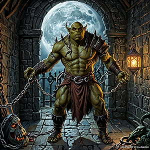  A beautiful (((female orc monster))) finds himself chained in a castle dungeon, lit by the full moon through the window bars. (((His beast-skin clothes are torn.)))