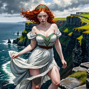 score_9, score_6_up, score_5_up,Very detailed, perfect image. masterpiece. A  sexy curvy woman with sexy traditional celtic short dress poses confidently on the precipice of the Cliffs of Moher,  (((Celtic tattoo))) her red hair whipped by the wind and tousled by the Atlantic breeze. Freckles. Her eyes shine like polished obsidian as she contemplates the rugged coastline, her extremely pale skin glowing with a subtle, mystical luminescence.