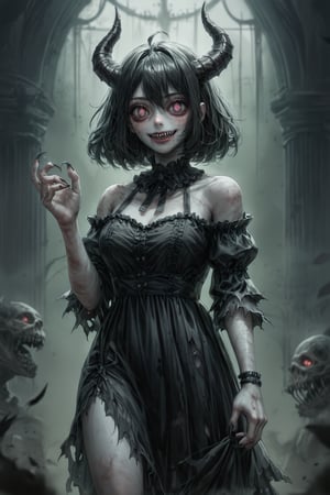 score_9, score_6_up, score_5_up,Very detailed, perfect image. Masterpiece of a sexy cury demon girl, beautiful face, horns, glowy eyes, claws, torn black dress, gothic style , undead, living in a dark dungeon. fog. mist. scary. scary atmosphere.
