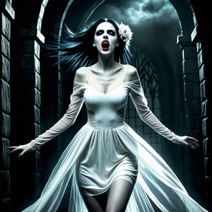  A screaming, frightening undead (((( extrem emo pale undead skin))) Banshee dressed in a thin white dress. floating body in the air. Her (((body is transparent))). dungeon. gothic castle. dark fantasy.