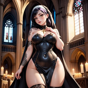 A stunning nun-like figure stands against the backdrop of a grand cathedral, bathed in warm golden light. Curvy, with wide hips, she wears a black leather dress that hugs her body, complete with studded details. Her (((extrem pale emo skin))) is marred by birthmarks and freckles, while her extrem glowy eyes seem to hold a deep sadness. A sea of intricate tattoos adorns her arms, adding to the gothic style aesthetic. The overall atmosphere is one of sensual longing, as if she's seeking redemption in the grand cathedral's ornate architecture.