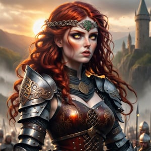 A fiery-haired Celtic warrior stands poised, her red locks ablaze beneath the golden glow of sunset's remnants. celtic tattoos. (((emo pale skin))) A scattering of freckles dances across her cheeks as she dons a suit of supple leather armor, adorned with intricate metalwork and studs, evoking a sense of ancient mystique. Her piercing gaze cuts through the misty atmosphere, as if ready to charge into battle at a moment's notice. medieval times.
