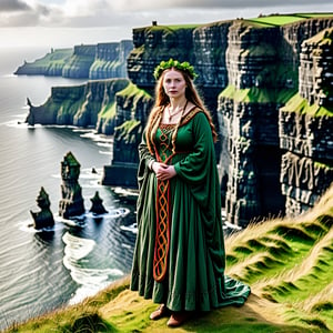 A Druid woman in traditional Celtic dress stands on the edge of Cliffs of Moher.