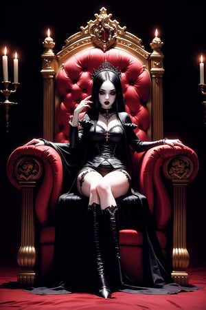 masterpiece. Sexy, beautiful, very pretty, gothic vampire queen (((extrem emo pale skin))) sitting on her throne with her servants. medieval gothic castle. luxury. monsters. scary.