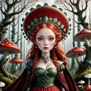 "Masterpiece of a fantastical scene set in a mysterious forest with whimsical trees and giant mushrooms. The sky is white and cloudy, indicating an autumn day. In the center stands a female figure with red hair, dressed in furs reminiscent of 9th-century Viking clothing. Her face is visible.  (((Freckles. Red hairs.  extrem pale skin.))) She is adorned with tattoos reminiscent of Celtic patterns. The scene is dominated by shades of red, green, and white, subtly suggesting certain characteristics of the central figure without going into precise details of her physical features."