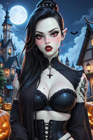 score_9, score_6_up, score_5_up,Perfect and very detailed image. Masterpiece of a sexy, curvy Ork queen. (((Gothic Orc with pale white skin))), (((Orc teeth))), (((black hair)))), black horns(((((red lips))))), gothic tattoos. The scene takes place at night in a castle. Lanterns light up the scene. magic. (((halloween style))). mist