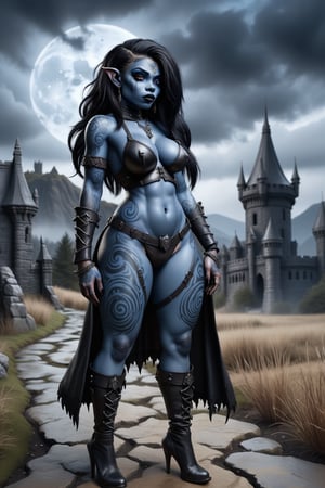  A hauntingly beautiful little woman (((dark dwarf)))  monster. (((( blue skin body)))) dressed in sensual gothic leather clothes, tribal tattooson body, in a haunted and spooky landscape. black hair. blue skin full body. gothic castle in background .