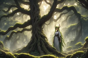  A surreal landscape unfolds as a female guardian figure emerges, crafted from entwined branches and vibrant moss that radiates an ethereal glow. The curvaceous being, composed of gnarled wood and luminescent foliage, stands vigilant over a secluded clearing. Emerald flames flicker within their eyes, casting an otherworldly aura upon the surroundings. Framed by ancient tree trunks, the scene is bathed in warm, golden light that filters through the leafy canopy above.