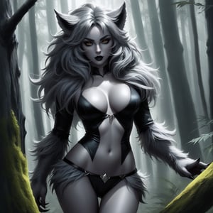 A femelle werewolf monster very hairy bewitching beauty stands in a dense forest. femelle werewolf body. (((grey skin body.)))