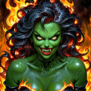 Fiery inferno illuminates a desolate landscape, as a sultry demoness rises from the depths of hell, her piercing green eyes gleaming with malevolent intent. Her porcelain skin glistens with sweat, as she poses provocatively, her crimson lips curled into a wicked grin. Flames lick at her dark locks, casting flickering shadows on her demonic visage. The air is heavy with brimstone and smoke, as hell's fiery depths seem to writhe beneath her feet.