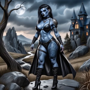  small female (((dark dwarf woman))) from germanic folklore, ((((blue skin body)))) dressed in sensual gothic leather clothing, body tattoos, in a haunted and scary landscape. black hair. blue skin full body.