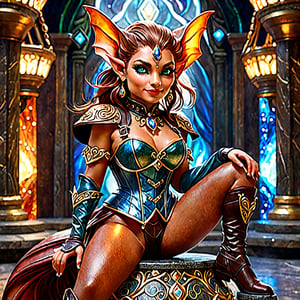 A small, elegant female dwarf inspired by the world of J. R. R. Tolkien, goblin ears, sits confidently on a pedestal amidst a swirling vortex of shimmering minerals. She wears a supple leather corset adorned with intricate, gemstone-encrusted clasps. The camera frames her from the waist up, highlighting the curves of her diminutive physique and the delicate, almost imperceptible flutter of her eyelashes. A subtle, warm lighting accentuates the texture of her skin and the rich, earthy tones of her leather attire, while the mineral backdrop creates a mesmerizing contrast of cool, crystalline blues and fiery, gemstone hues.