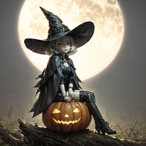  score_9, score_6_up, score_5_up,Very detailed, perfect image. Masterpiece of a pointy-eared (((witch with pale white skin))), witch hat, with glowy eyes, in a black tight leather skirt sits on a giant luminous pumpkin. Full moon. Mist. Magical atmosphere.
