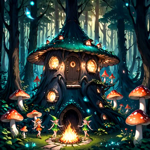  In the heart of an enchanted forest, a small wooden house rests among giant trees and mushrooms.((( Elves and fairies))), illuminated by the gentle glow of the fire, dance joyfully around a magical circle. The air is filled with music and crystalline laughter, creating a fairy-tale atmosphere.