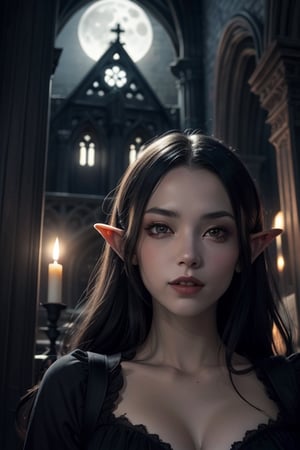 A female vampire in a highly detailed photo realistic gothic style, inspired by Japanese manga or anime for the facial style. Her eyes are very slanted, with high cheekbones. Goblin-style pointed ears. White skin, black eyes, black hair, moonlight. Her vampire canines are pointed but not too large. She has a slight smile.  The scene takes place inside a Gothic church with candles and Greek columns during a full moon. A marvelous harmony of moonlight and shadow is reflected on her.