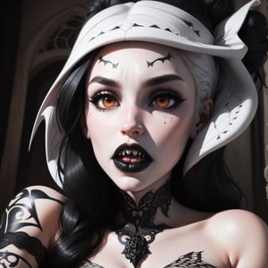 Master piece. 3d and anime style. Close up portatrait of female vampire, hissing with big vampire fangs, intricate details, creepy. gothic.(((emo white skin))). gothic. tattoos. (((black hair))).(((black lips))).,klee (genshin impact). the scene takes place in gothic chateau.