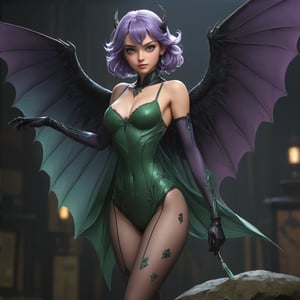  (masterpiece, best quality, ultra-detailed, 8K),best quality, anime style, score_9, score_8_up, score_7_up, perfect anatomy, 1girl,Lilith hair is neck-length varying from lavender, lilac or a bright purple in color. Her outer wings, leotard, shoes and eyes are all red. The inside of her wings are dark green but can be seen as brighter green in one art, presumably from lighting. Her tights are light blue with darker blue bat patterns and her gloves are the same color as the bats. The cut-out on her leotard is changed from a heart to a diamond. She is also two inches shorter than Morrigan. the scene takes place in japan street.