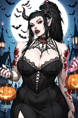  score_9, score_6_up, score_5_up,Perfect and very detailed image. Masterpiece of a sexy, curvy Ork queen. (((Gothic Orc with pale white skin))), (((Orc teeth))), (((black hair)))), black horns(((((red lips))))), gothic tattoos. The scene takes place at night in a castle. Lanterns light up the scene. magic. (((halloween style))). mist