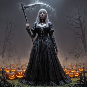 score_9, score_6_up, score_5_up,Perfect and very detailed image. Masterpiece of a sexy, curvyallegory of death with its scythe.. (((Gothic styel with pale white skin))),  the scene takes place in a cemetery. Lanterns light up the scene. magic. (((halloween style))). night. mist. fog.
