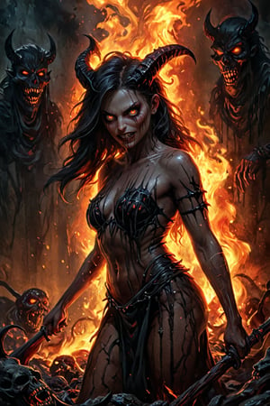 masterpiece. A demonic girl in hell. dark fantasy. scene both sensual and frightening.