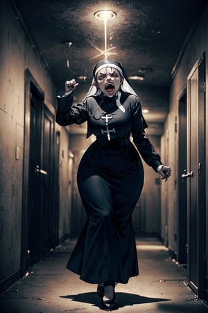 Sexy, curvy, (((A possessed nun screaming with monster teeth, walking on the ceiling in the hallway of a haunted hospital. ))), sharp teeth, claws, (((whole body))). dark. scary light.
