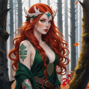 In a mystical autumn forest, where towering mushrooms and whimsical trees stretch towards the cloudy white sky, a striking female figure stands out. Her fiery red hair cascades down her back like a wild mane, framing her pale complexion adorned with Celtic-inspired tattoos. Her freckled face glows with an otherworldly essence as she wears furs reminiscent of 9th-century Viking attire. The dominant hues of red, green, and white evoke a sense of mystique and ancient wisdom, hinting at the secrets hidden beneath her enigmatic gaze.