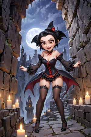 masterpiece, high quality, highly detailed, detailed background, female, girl, black hair, ten thousand year old vampire, (magician:1.1), corset, sleeves, pointy ears, insane, (crazy:1.2), (dilated:1.1), excited, smile, fangs, bent over, bent forward, looking down at viewer, caves, candels, stone walls, ruins, bleeding, fish eye view, (from below:1.1), night sky, stars, moon.,