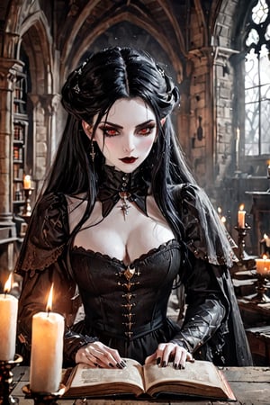 Masterpiece sexy, curvy, (((gothic pale white skin vampire))). (((black hair)))). reading ancient magic books, in a old dungeon, candles light on table. fantasy magical atmosphere, medieval style, nordic style, old library. chateau scene.
