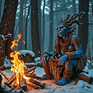  score_9,score_8_up,score_7_up,detailed,highly detailed, epic, gorgeous, Masterpiece of a (((beautifull blue skin female troll))) , tribal tattoos, and torn, beast-skin clothing that hangs tattered and worn, sitting front of (((campfire))) in forest in winter. (((Art Baroque style. )))