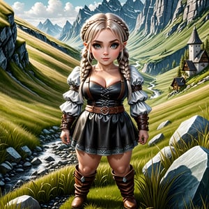  small female dwarf woman from germanic folklore, dressed in sensual leather clothing, in a landscape of grass and minerals. hair in two braids. full body.