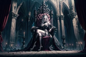  masterpiece. Sexy, beautiful, very pretty, gothic vampire queen (((extrem emo pale skin))) sitting on her throne with her servants. medieval gothic castle. luxury. monsters. scary.