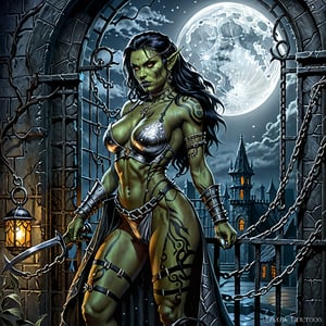 A hauntingly beautiful Orc woman, imprisoned in a prison, bathed in the silvery glow of the full moon peeking through the iron bars of the window. Her torn animal-skin garments hang tattered and worn, revealing her muscular physique. Tribal tattoos adorn his skin, testifying to his proud heritage. The dungeon walls loom darkly behind her, the chains that bind her wrists and ankles form a cruel frame around her unyielding spirit...