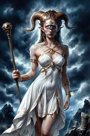  masterpiece. A bewitchingly beautiful Cyclops woman monster inspired by Greek mythology. ((((only on central eye on the face)), sensual white Greek dress. full body.