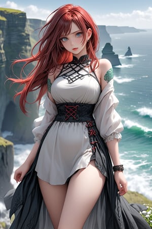  score_9, score_6_up, score_5_up,Very detailed, perfect image. masterpiece. A sexy curvy woman with sexy traditional celtic short dress poses confidently on the precipice of the Cliffs of Moher, (((Celtic tattoo))) her red hair whipped by the wind and tousled by the Atlantic breeze. Freckles. Her eyes shine like polished obsidian as she contemplates the rugged coastline, her extremely pale skin glowing with a subtle, mystical luminescence. autumn weathe