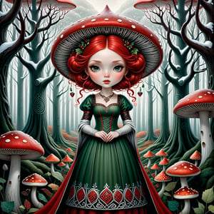 "Masterpiece of a fantastical scene set in a mysterious forest with whimsical trees and giant mushrooms. The sky is white and cloudy, indicating an autumn day. In the center stands a female figure with red hair, dressed in furs reminiscent of 9th-century Viking clothing. Her face is visible.  (((Freckles. Red hairs.  Her emo  skin is white like snow.))) She is adorned with tattoos reminiscent of Celtic patterns. The scene is dominated by shades of red, green, and white, subtly suggesting certain characteristics of the central figure without going into precise details of her physical features."