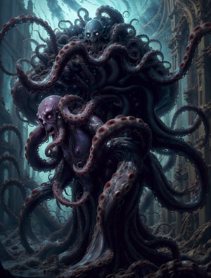 Masterpiece of a portrait of a monstrous translucent anthropomorphic octopus, an octopus body with large tentacles, ethereal, fantastic, terrifying, (((fear))). (((nightmare))). abyss.,fantasy00d