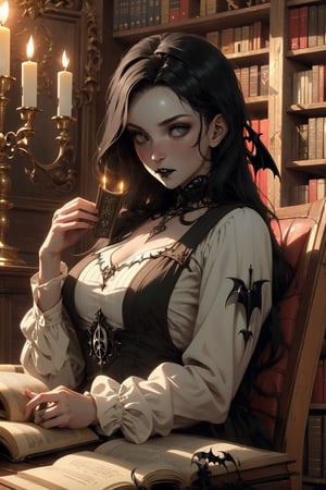Masterpiece sexy, curvy, (((gothic pale white skin vampire))). (((black hair)))). reading ancient magic books, in a old dungeon, candles light on table. fantasy magical atmosphere, medieval style, nordic style, old library. chateau scene.